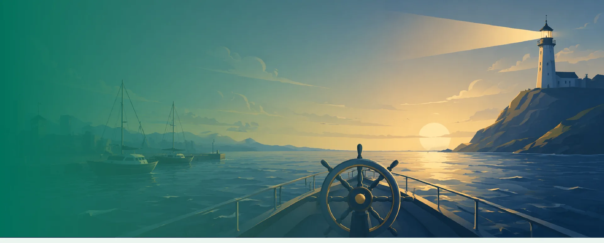 Lighthouse guiding a ship at sunset